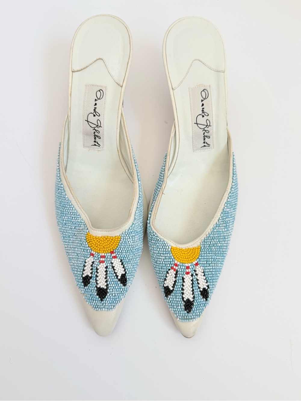 Vintage Manolo Blahnik Ivory Leather Beaded Dreamcatcher Kitten Heel Mules EU 38 - Picture 2 of 10